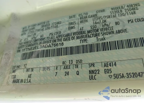 2010 Ford E-250 Commercial/Recreational z USA, uszkodzony, nr VIN 1FTNE2EL3ADA76618